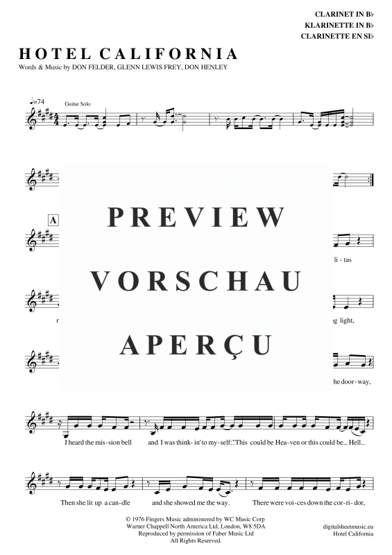 Product gallery: Page 2 of 5 Hotel California, Eagles, The, Clarinet in B-flat