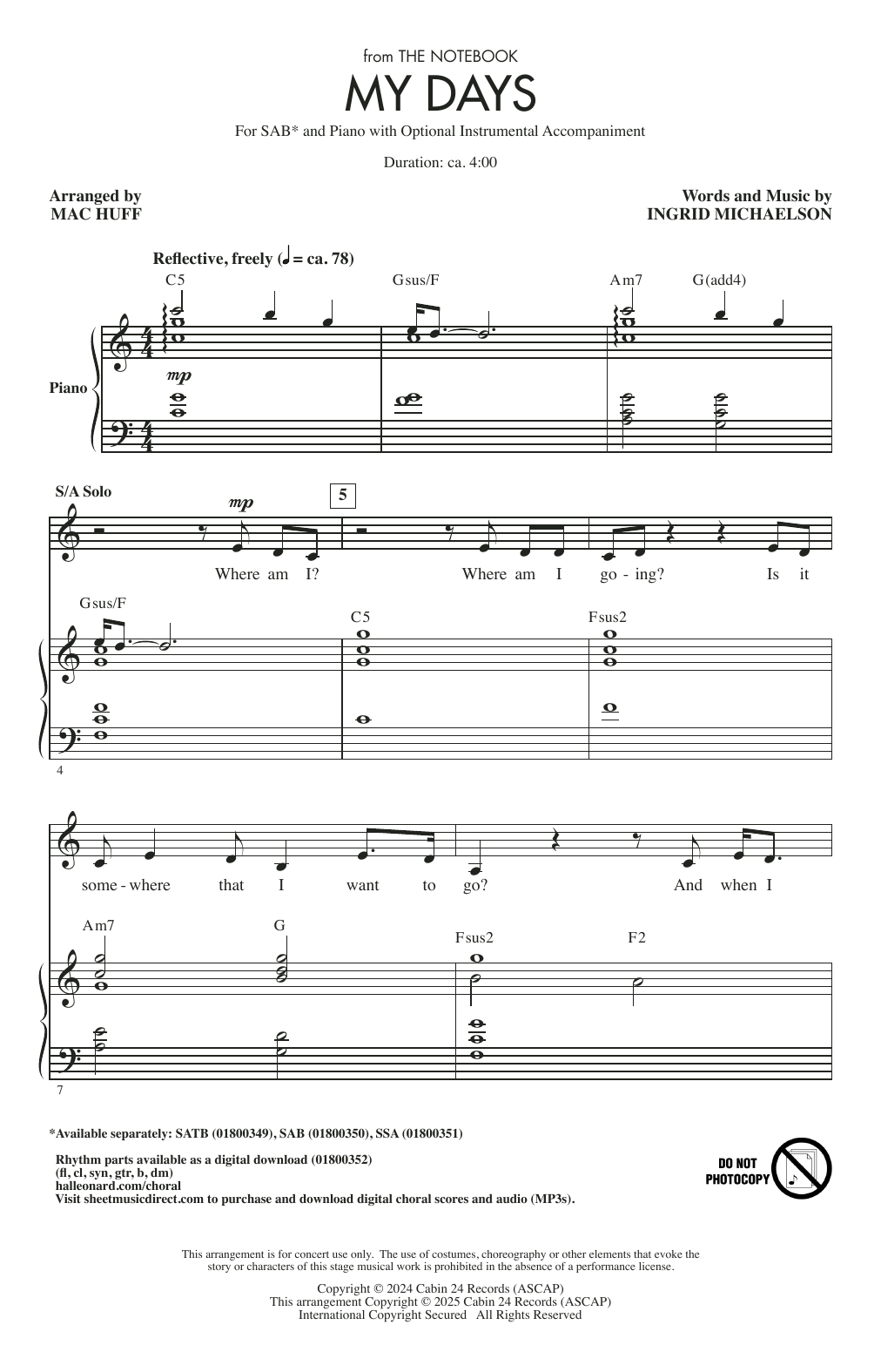 Product picture to: My Days (from The Notebook) (arr. Mac Huff)