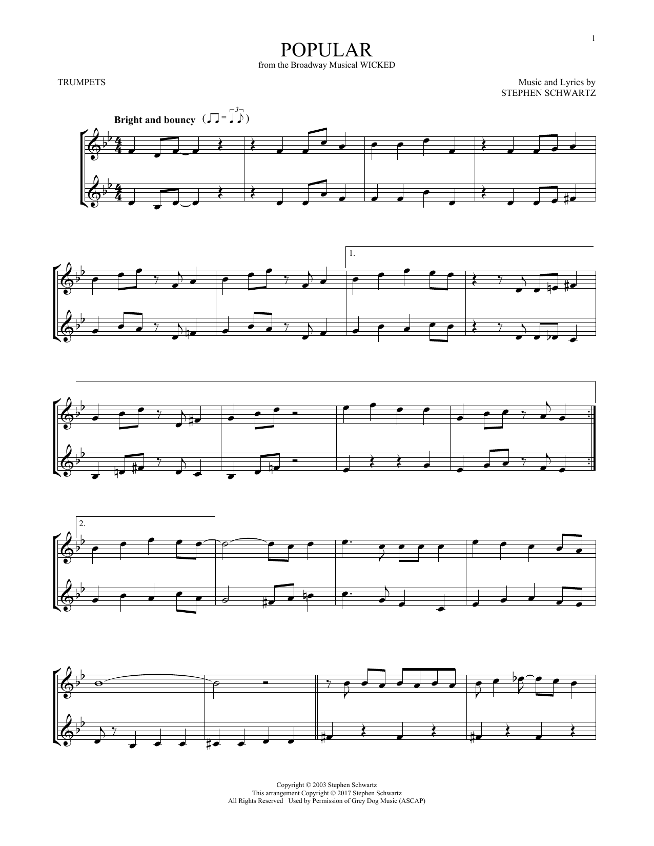 Produktgalerie: Seite 1 von 1 Popular (from Wicked), Stephen Schwartz, Trompete