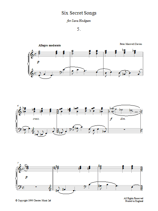 Product gallery: Page 1 of 1 Six Secret Songs, No.5, Allegro Moderato, Peter Maxwell Davies