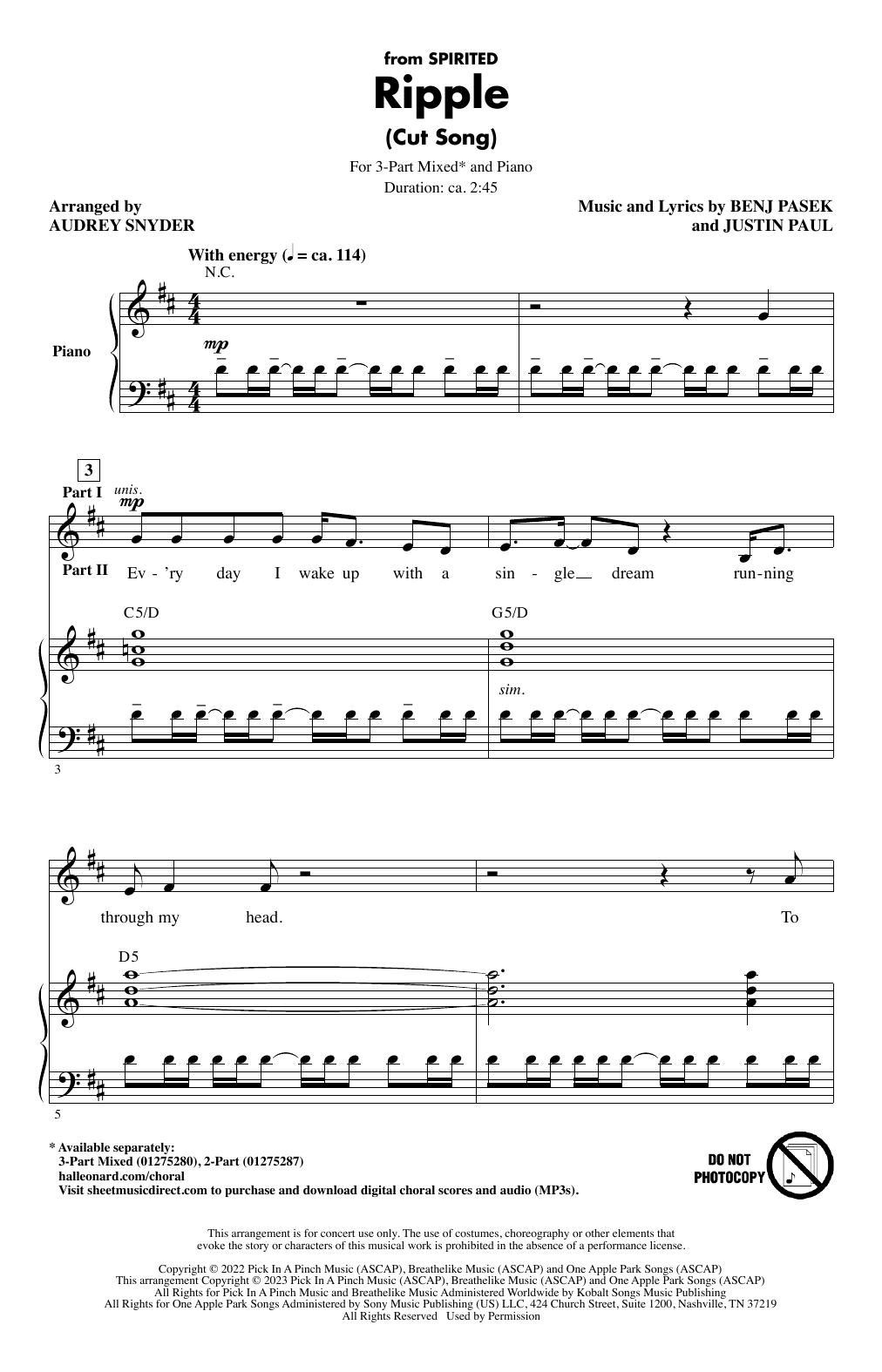 Product picture to: Ripple (Cut Song) (from Spirited) (arr. Audrey Snyder)