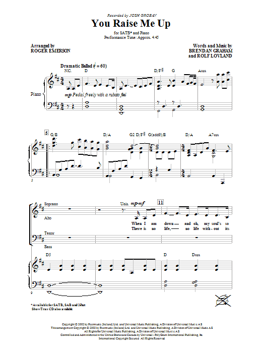 Product picture to:  You Raise Me Up (arr. Roger Emerson) - Josh Groban