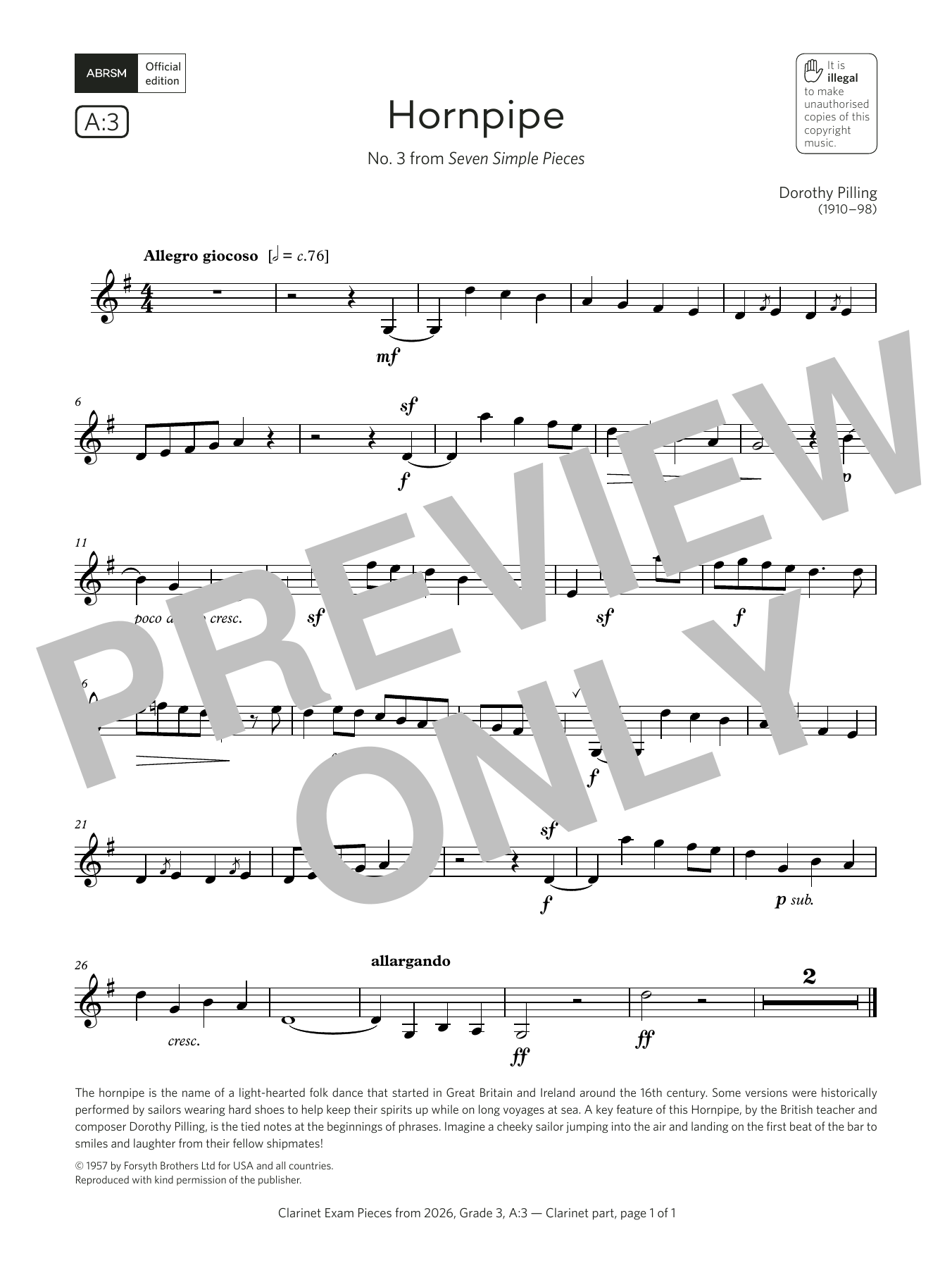Product gallery: Page 1 of 1 Hornpipe (Grade 3, list A3, from the ABRSM Clarinet Syllabus from 2026), Dorothy Pilling
