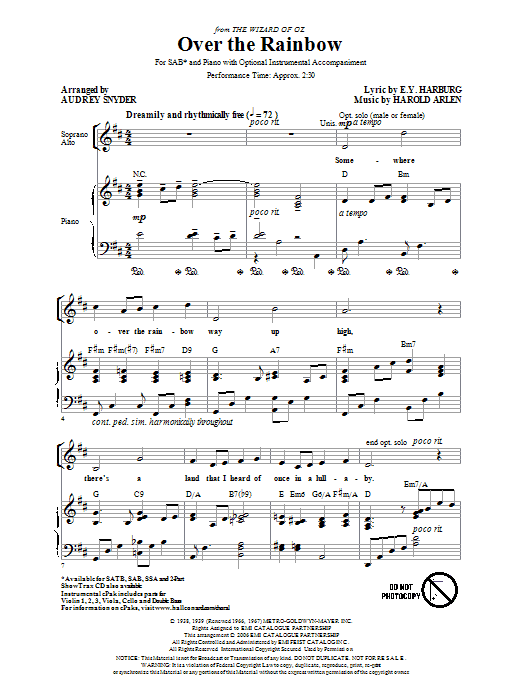 Product gallery: Page 1 of 1 Over The Rainbow (arr. Audrey Snyder), Harold Arlen