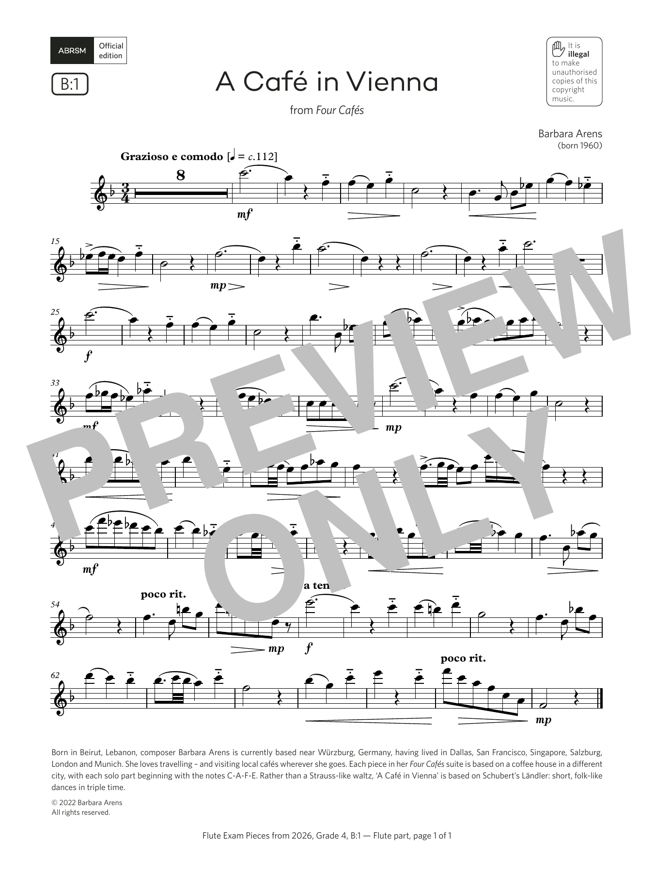 Product gallery: Page 1 of 1 A Café in Vienna (Grade 4, list B1, from the ABRSM Flute Syllabus from 2026), Barbara Arens