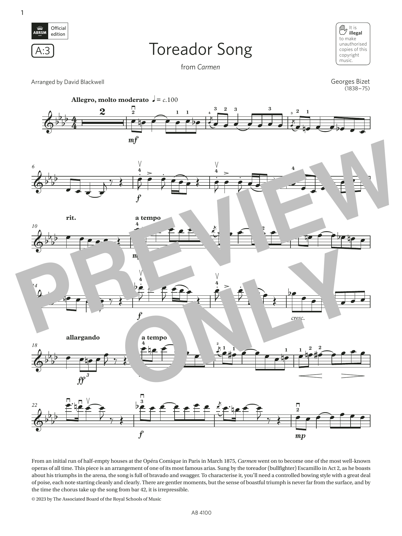 Product gallery: Page 1 of 1 Toreador Song (Grade 6, A3, from the ABRSM Violin Syllabus from 2024), Georges Bizet