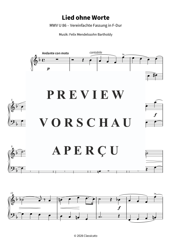 gallery: Lied ohne Worte - MWV U 86 - Romantische Klavierminiatur vereinfacht in F-Dur, , Klavier Solo