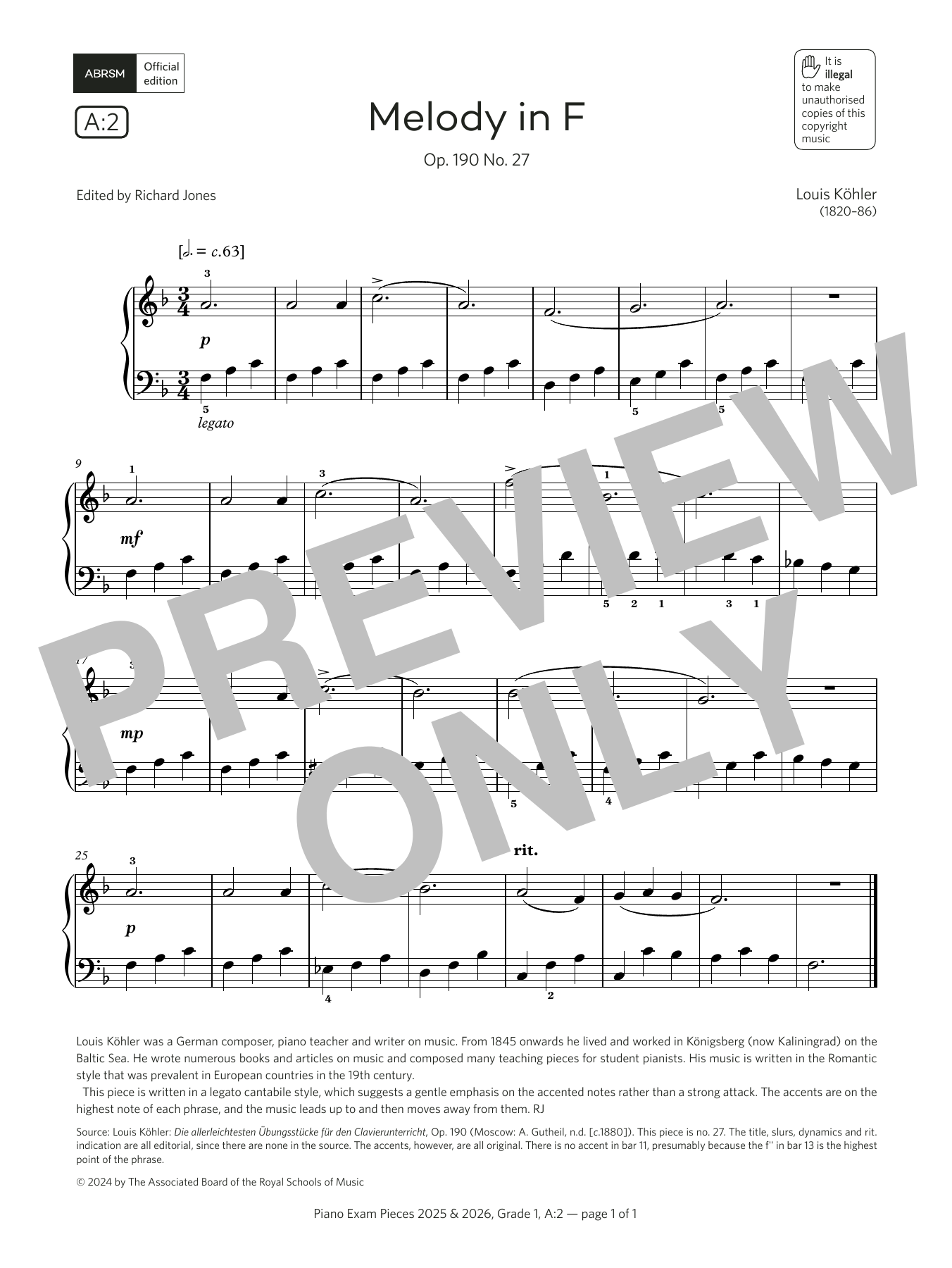 Produktbild zu: Melody in F (Grade 1, list A2, from the ABRSM Piano Syllabus 2025 & 2026)