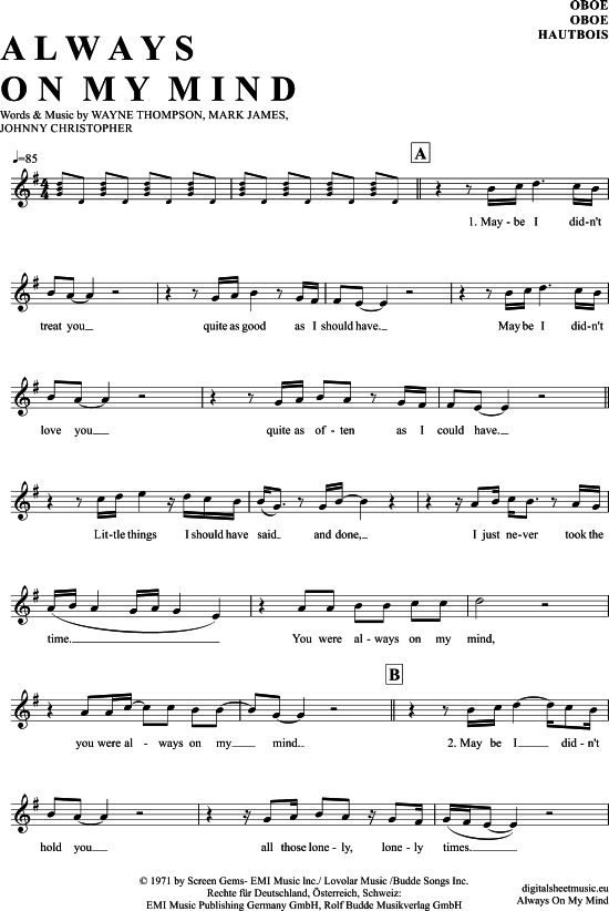 Product gallery: Page 1 of 4 Always on my mind , Presley, Elvis, (Oboe)