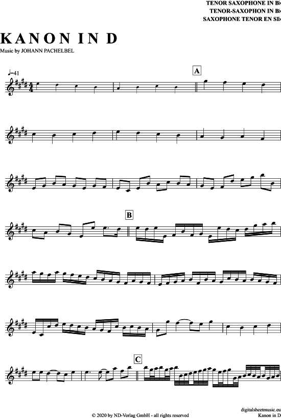 Product gallery: Page 1 of 4 Kanon In D , Pachelbel, Johann, Tenor Saxophone