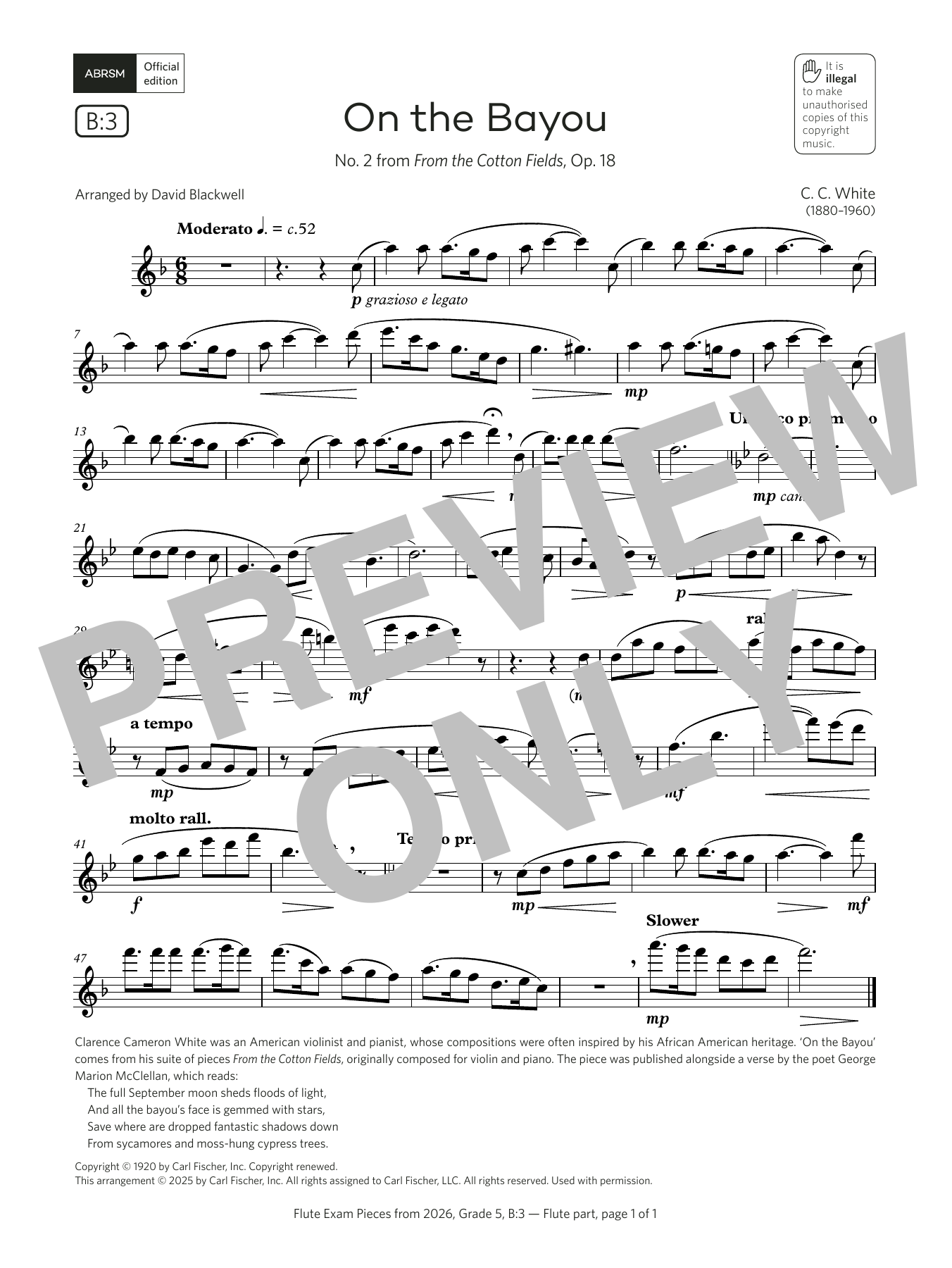Product gallery: Page 1 of 1 On the Bayou (Grade 5, list B3, from the ABRSM Flute Syllabus from 2026), Clarence Cameron White