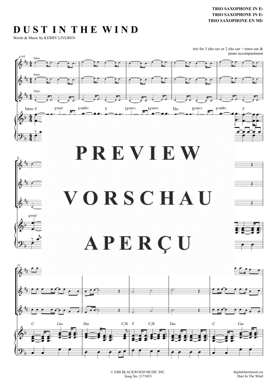 Product gallery: Page 2 of 11 Dust In The Wind, Kansas, (Saxophone Trio AAA(T) + Piano)