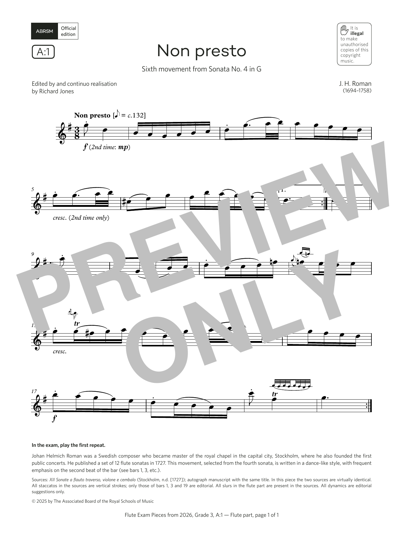 Product gallery: Page 1 of 1 Non presto (Grade 3, list A1, from the ABRSM Flute Syllabus from 2026), Johan Helmich Roman