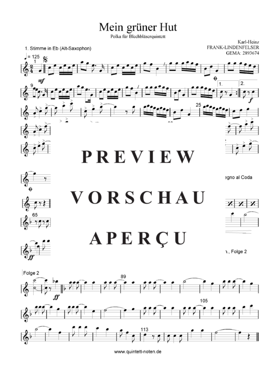 Produktgalerie: Seite 10 von 21 Mein Grüner Hut , Blasorchester Fatamo, (Blechbläser Quintett - Flexible Besetzung + Schlagzeug)