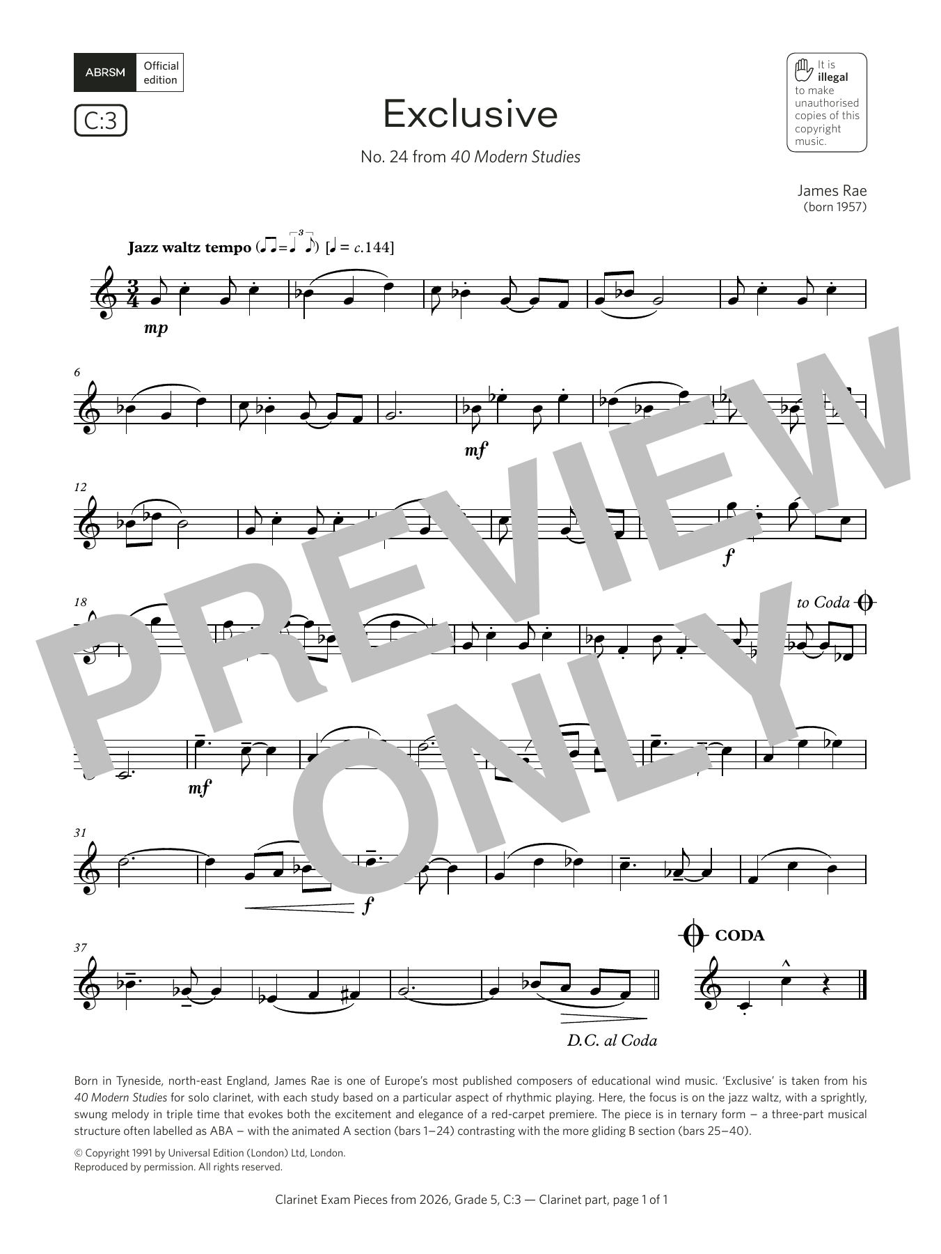 Product gallery: Page 1 of 1 Exclusive (Grade 5, list C3, from the ABRSM Clarinet Syllabus from 2026), James Rae