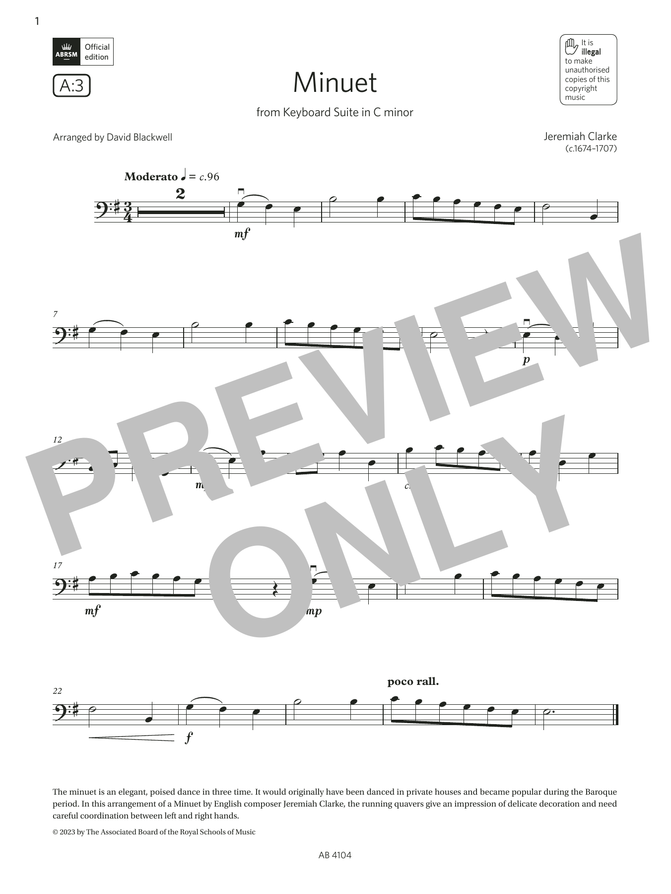 Produktbild zu:  Minuet (Grade 1, A3, from the ABRSM Cello Syllabus from 2024) - Jeremiah Clarke