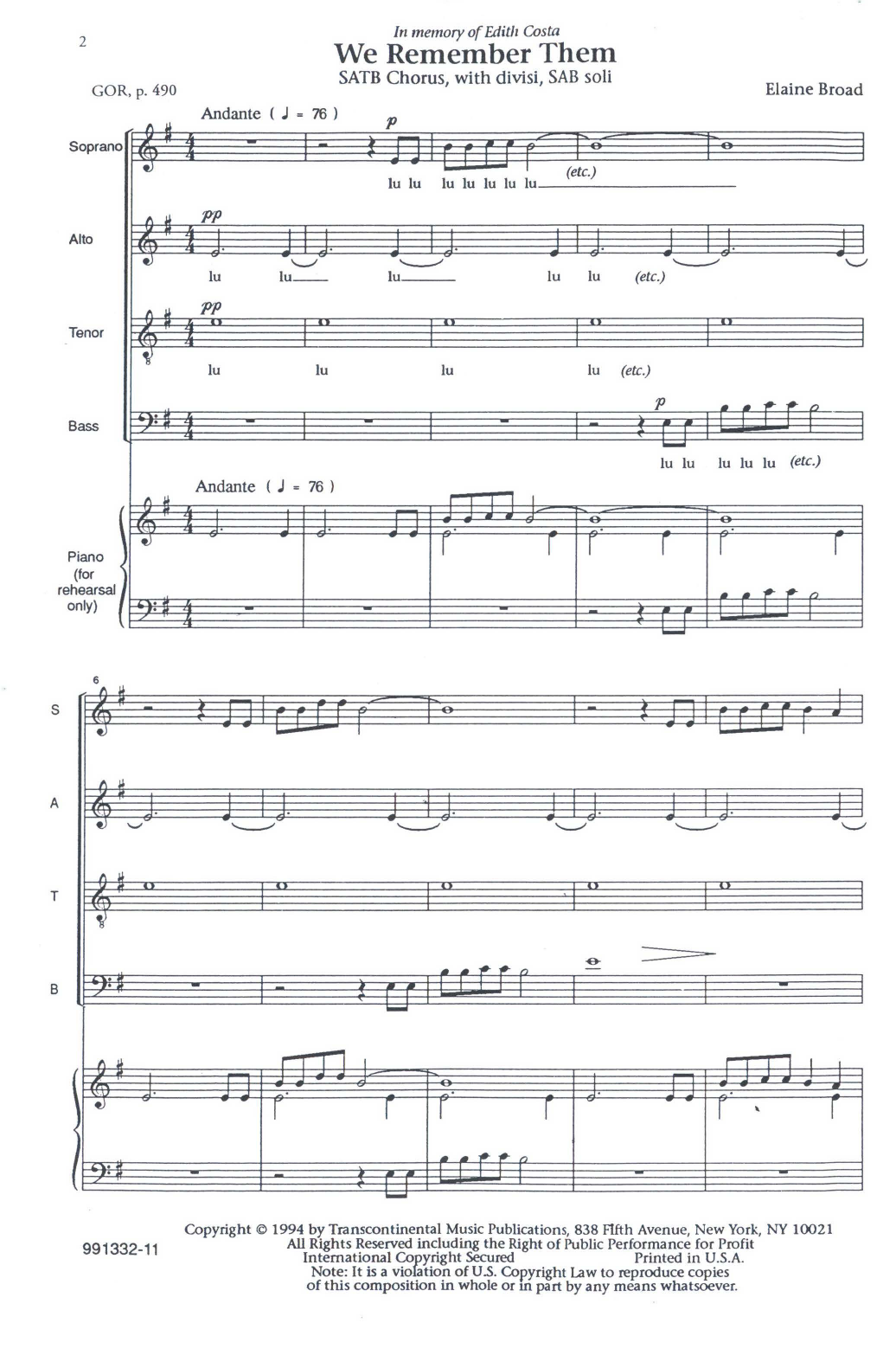 Product gallery: Page 1 of 1 We Remember Them Soli, Rehearsal Piano, Elaine Broad