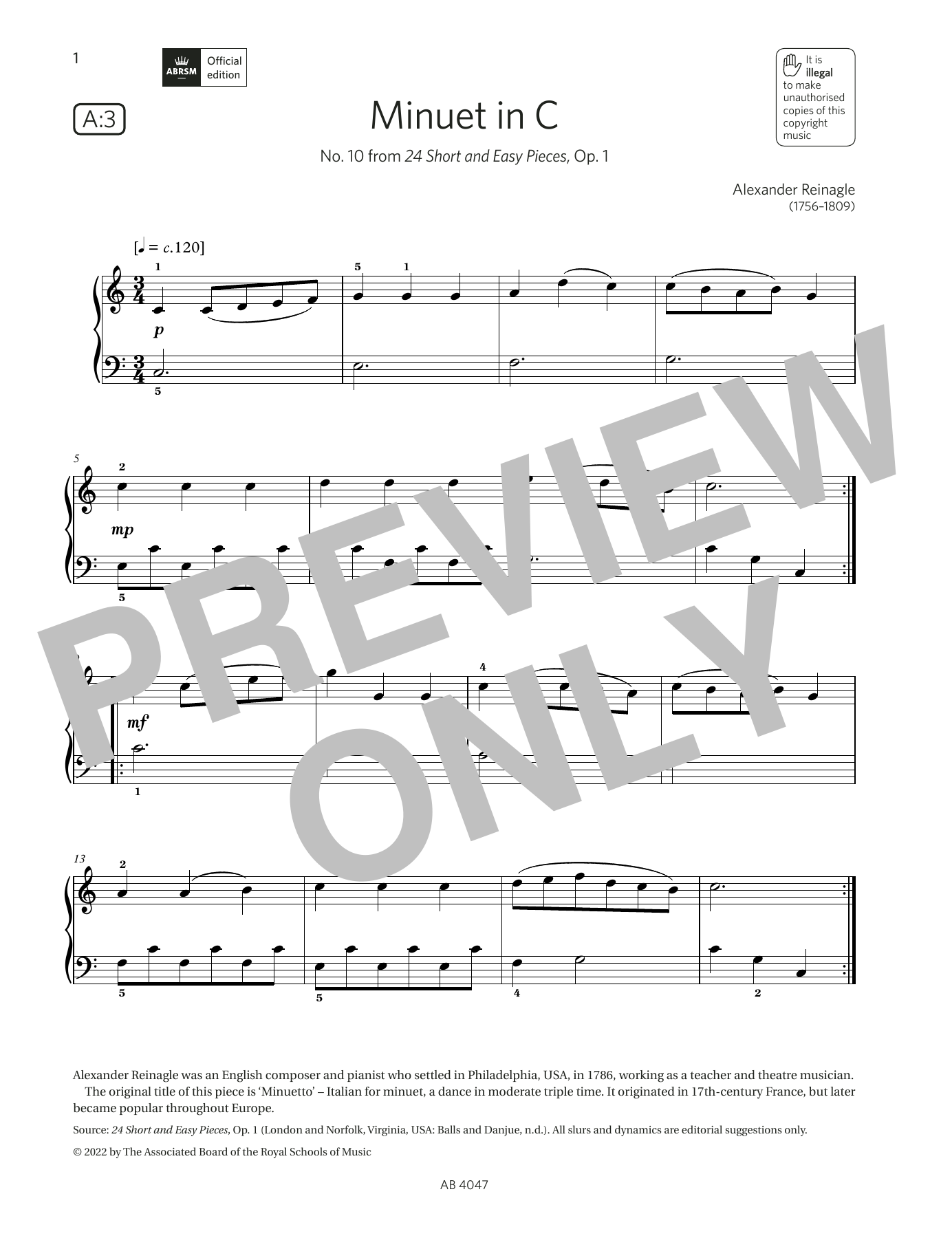 Produktbild zu: Minuet in C (Grade 1, list A3, from the ABRSM Piano Syllabus 2023 & 2024)