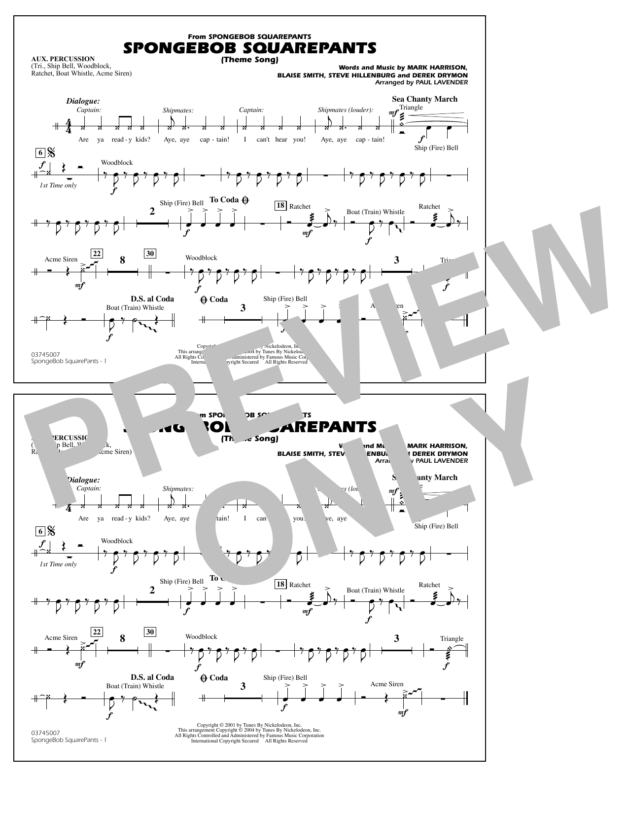 Product gallery: Page 1 of 1 Spongebob Squarepants (Theme Song) (arr. Paul Lavender) - Aux Percussion, Steve Hillenburg