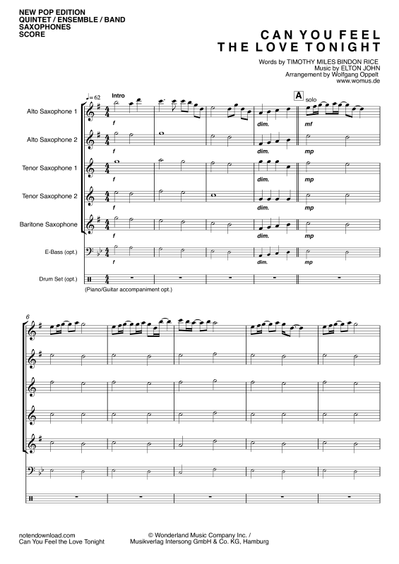 Produktgalerie: Seite 1 von 11 Can You Feel The Love Tonight, John, Elton, Saxophon Quintett/Ensemble/Band - Klavier, E-Bass und Drum Set opt.