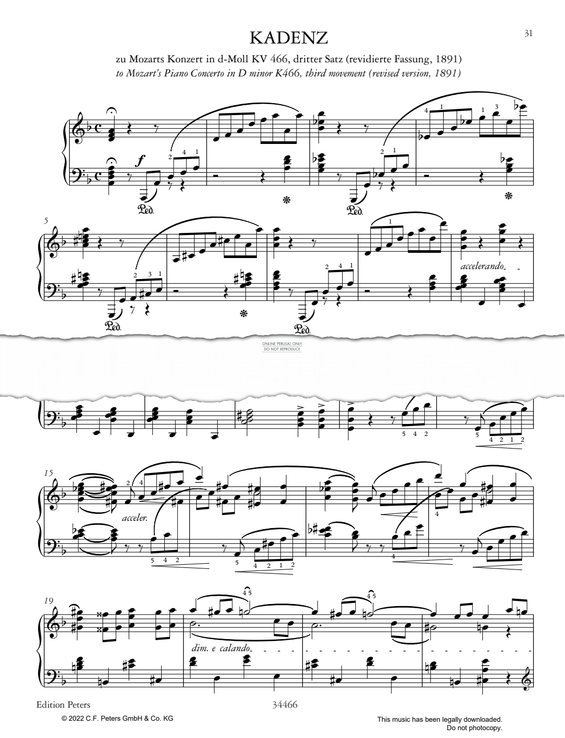 Produktgalerie: Seite 1 von 1 Cadenza to Mozart's Piano Concerto in D Minor K466, third movement (revised version), Clara Schumann, Klavier