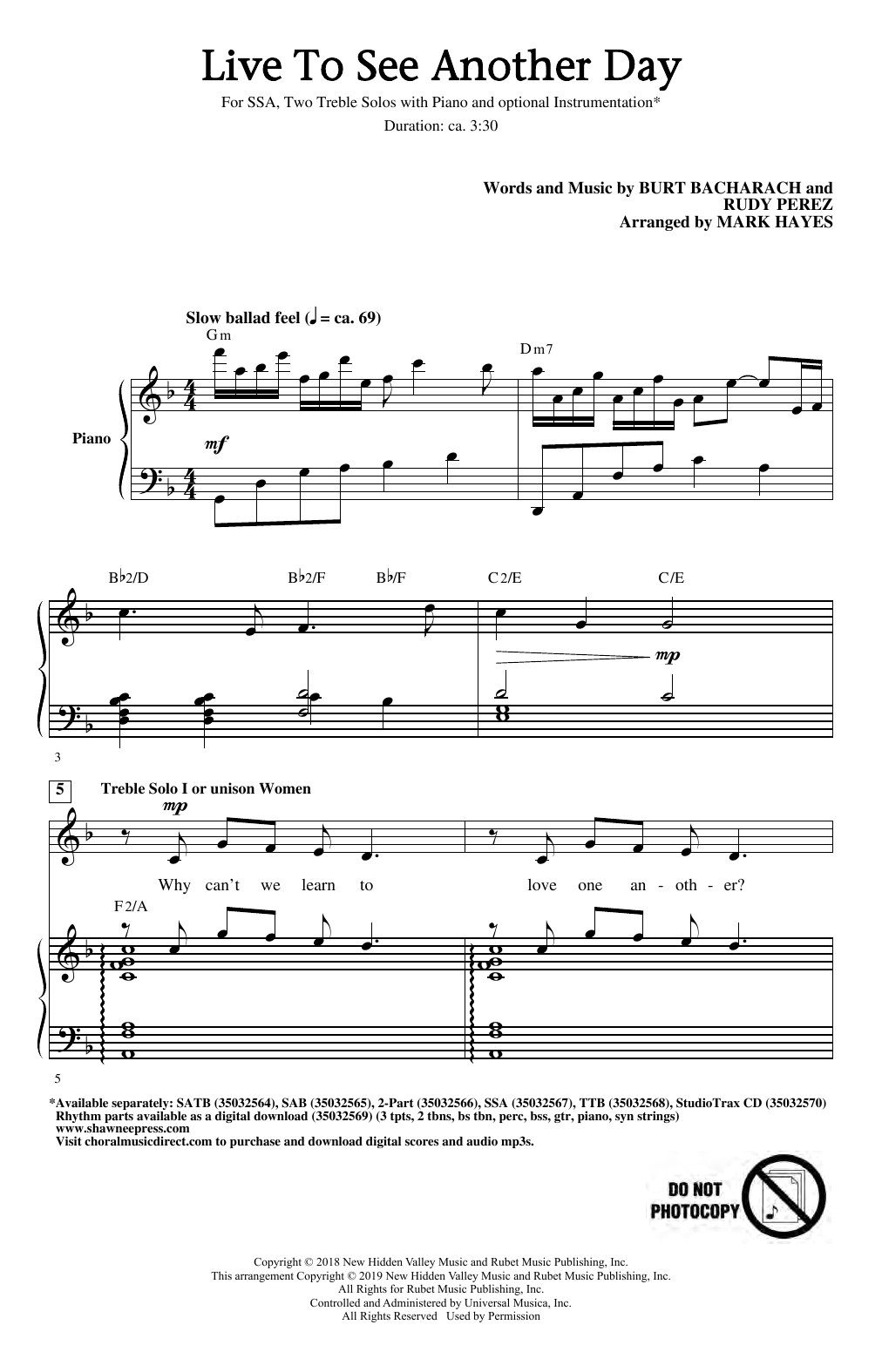 Product gallery: Page 1 of 1 Live To See Another Day (arr. Mark Hayes), Burt Bacharach & Rudy Perez