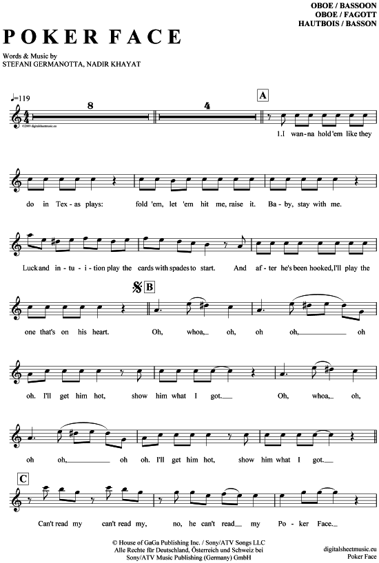 Produktgalerie: Seite 1 von 4 Poker Face , Lady GaGa, (Oboe / Fagott)