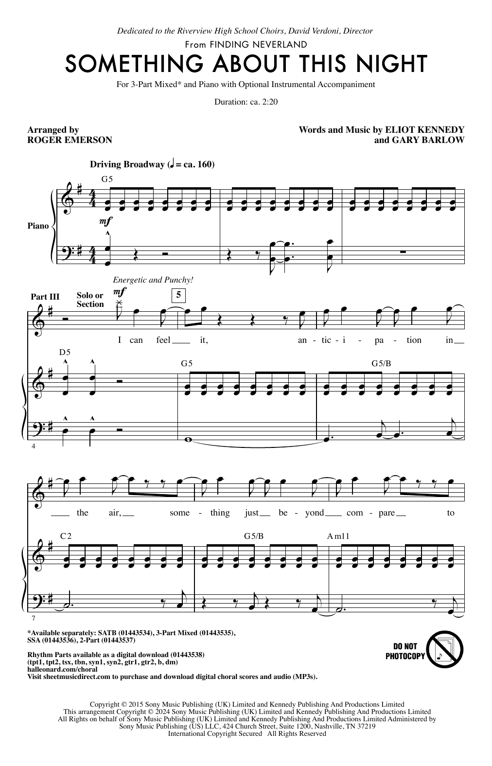 Product picture to: Something About This Night (from Finding Neverland) (arr. Roger Emerson)