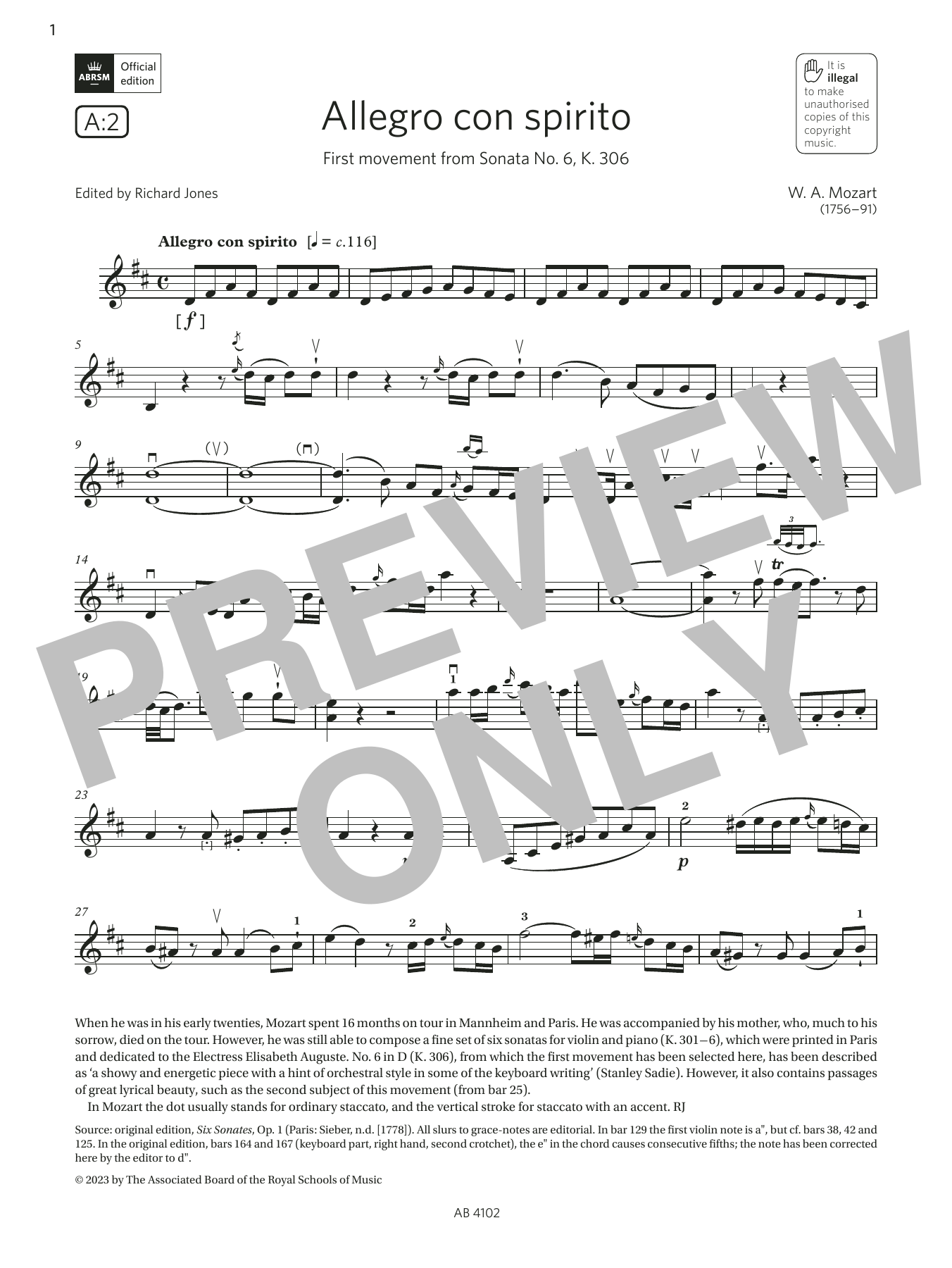 Product gallery: Page 1 of 1 Allegro con spirito (Grade 8, A2, from the ABRSM Violin Syllabus from 2024), W. A. Mozart