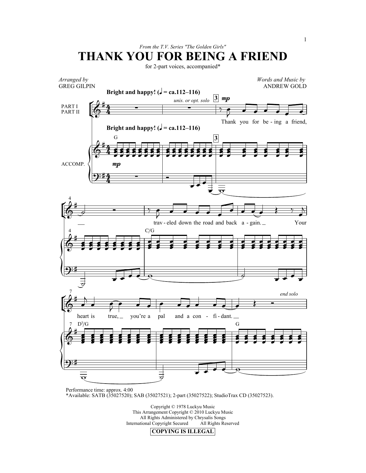 Product picture to: Thank You For Being A Friend (Theme from The Golden Girls) (arr. Greg Gilpin)
