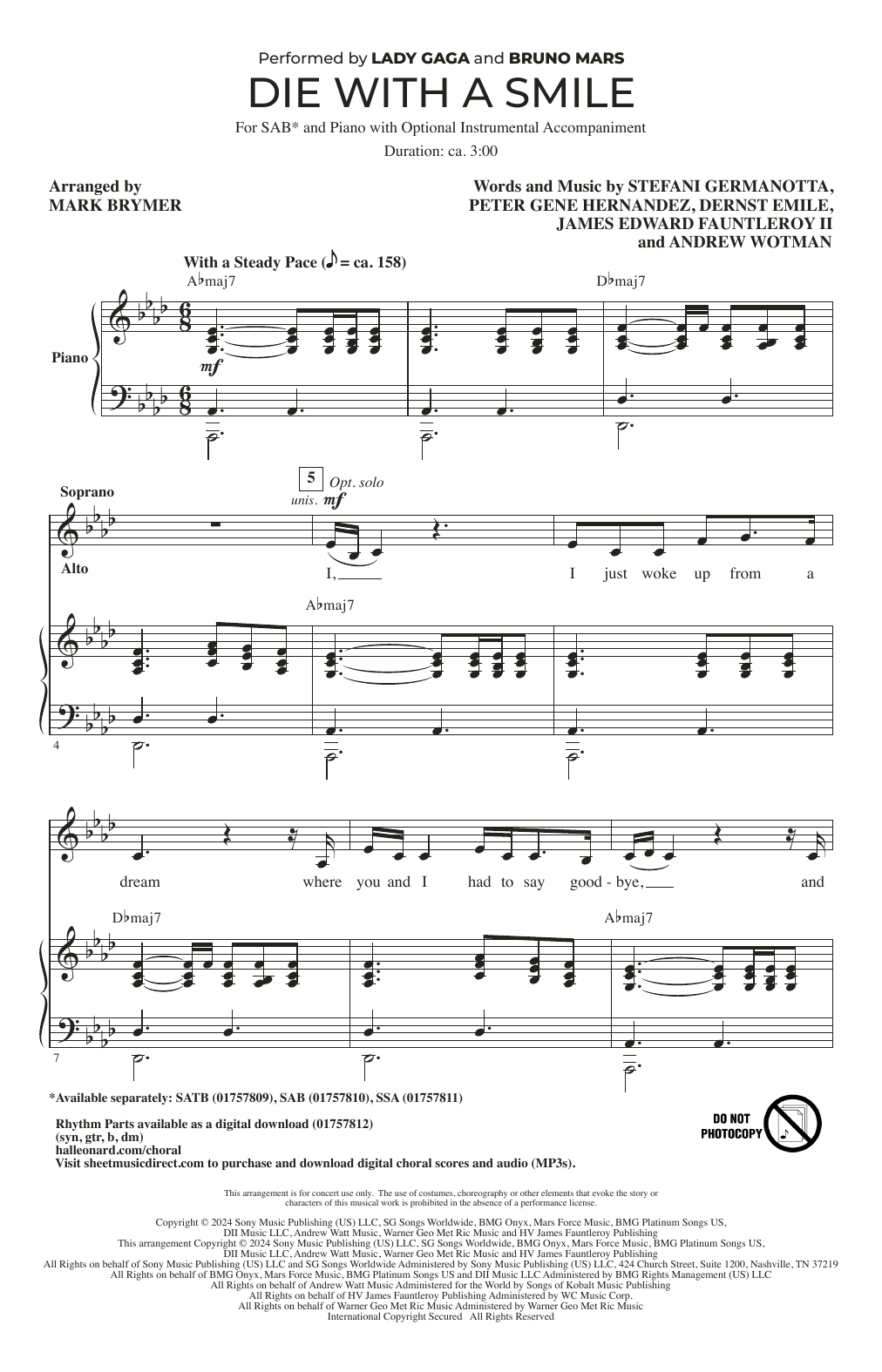 Produktgalerie: Seite 1 von 1 Die With A Smile (arr. Mark Brymer), Bruno Mars & Lady Gaga, Chor