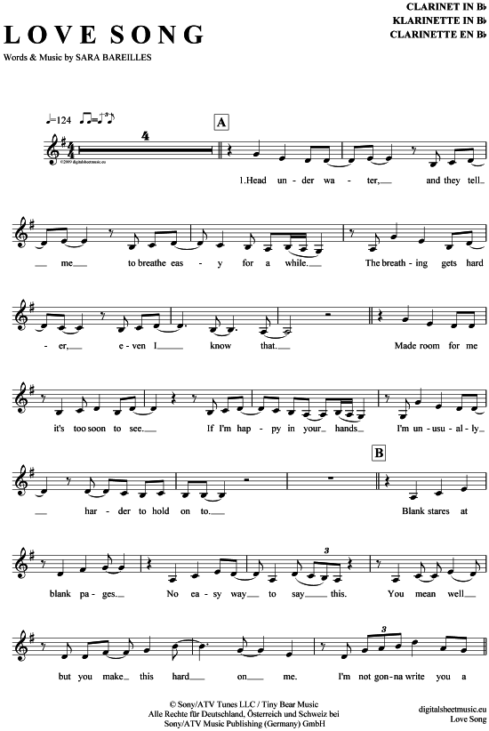 Product gallery: Page 1 of 5 Love Song , Bareilles, Sara, Clarinet in B-flat