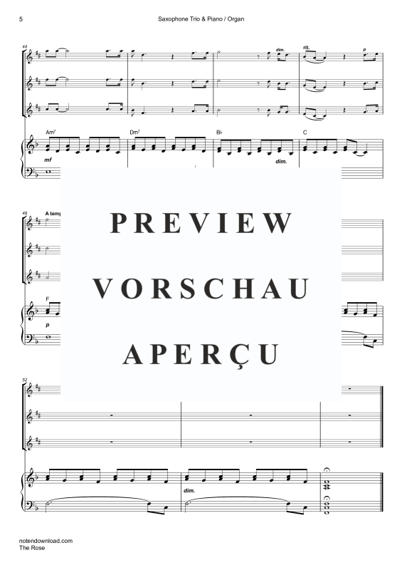 Product gallery: Page 8 of 11 The Rose, Midler, Bette, Trio For 3 Saxophones (A, A, A) and Piano Or Organ, With Optional Cello - Single Version