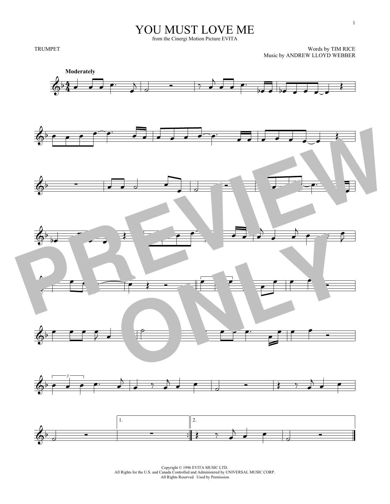 Produktgalerie: Seite 1 von 1 You Must Love Me (from Evita), Andrew Lloyd Webber, Trompete