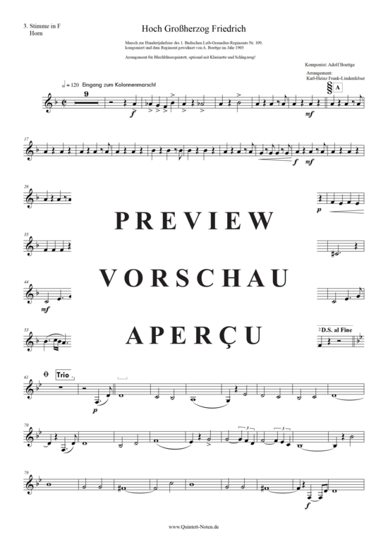Produktgalerie: Seite 20 von 21 Hoch! Großherzog Friedrich , Blasorchester Fatamo, (Blechbläser Quintett - flexible Besetzung + Schlagzeug)