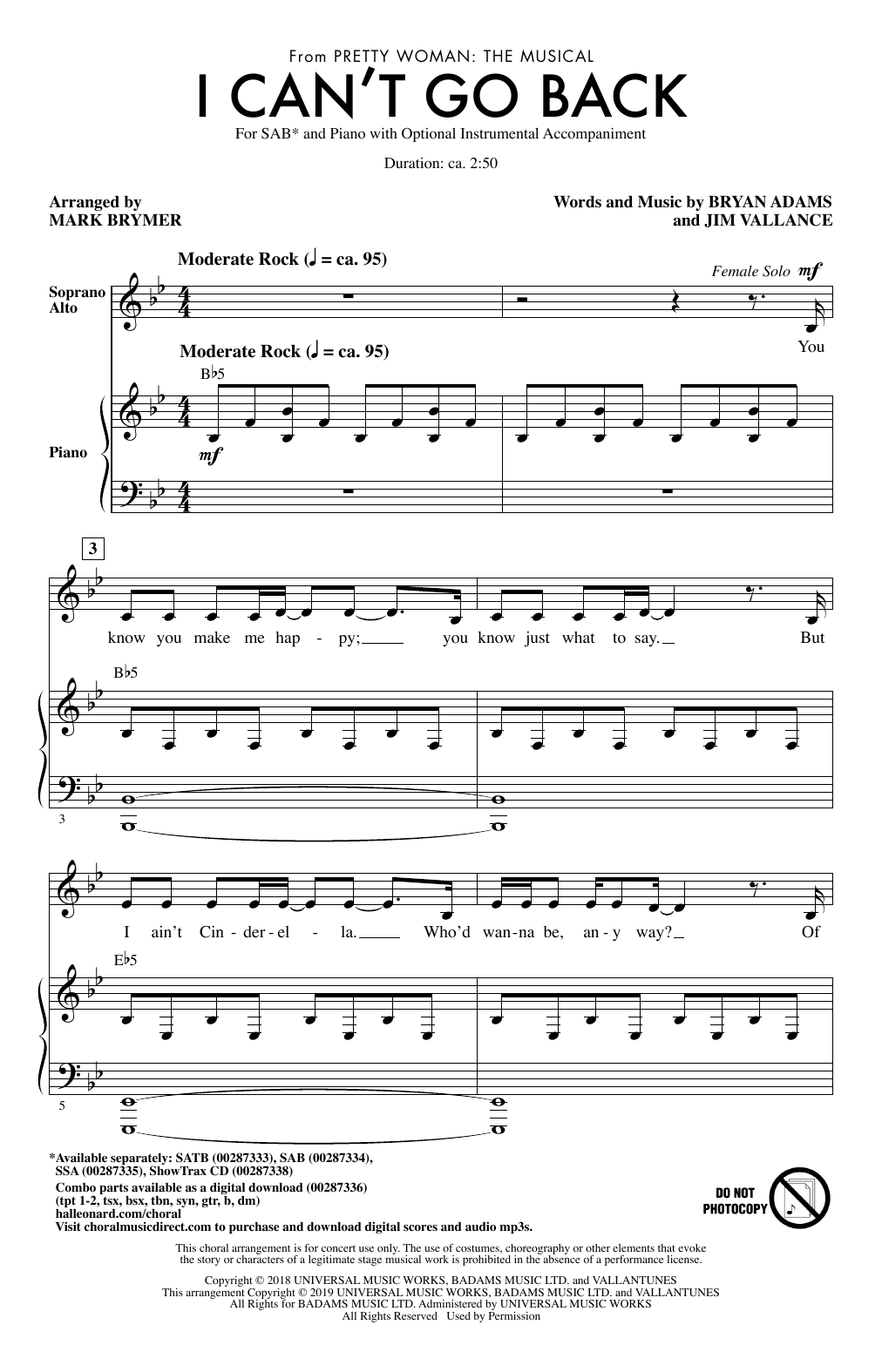 Product picture to: I Can't Go Back (from Pretty Woman: The Musical) (arr. Mark Brymer)