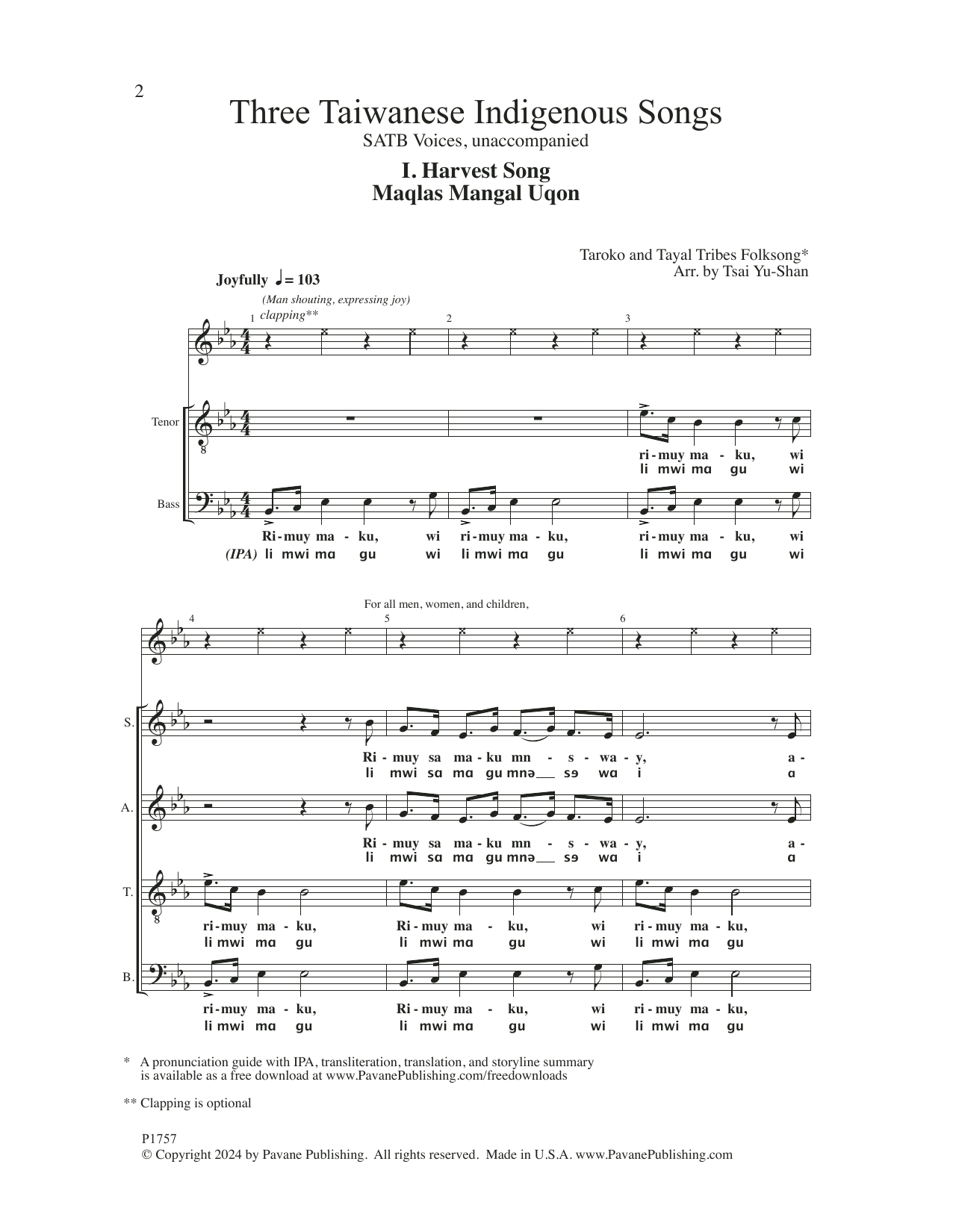 Produktgalerie: Seite 1 von 1 Three Taiwanese Indigenous Songs (arr. Tsai Yu-shan), Taroko Tribe Folksong, Chor