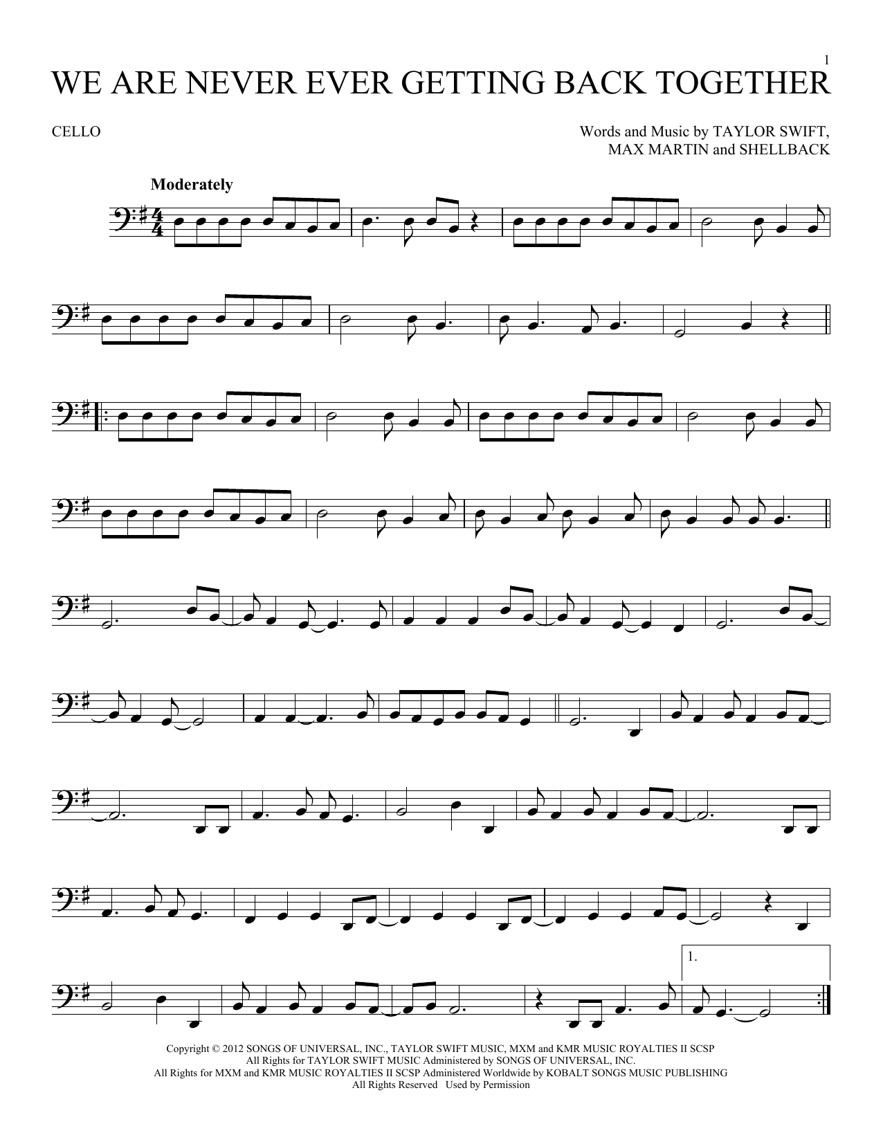 Produktgalerie: Seite 1 von 1 We Are Never Ever Getting Back Together, Taylor Swift, Violoncello