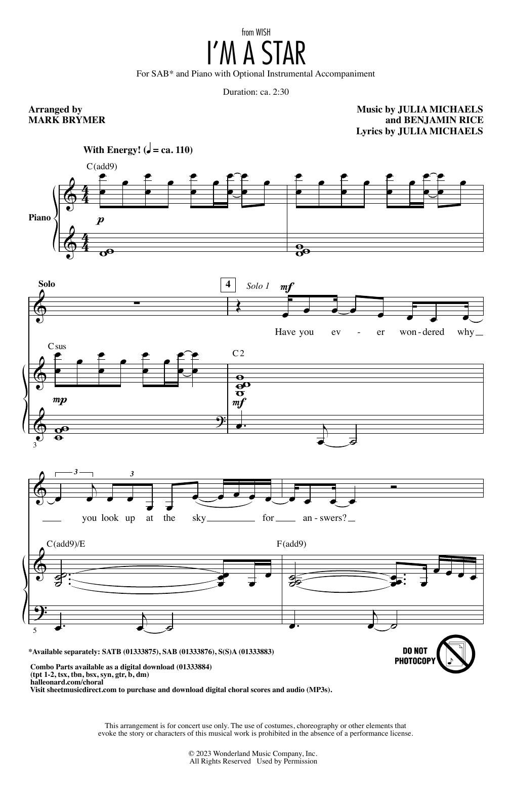 Product picture to: I'm A Star (from Wish) (arr. Mark Brymer)