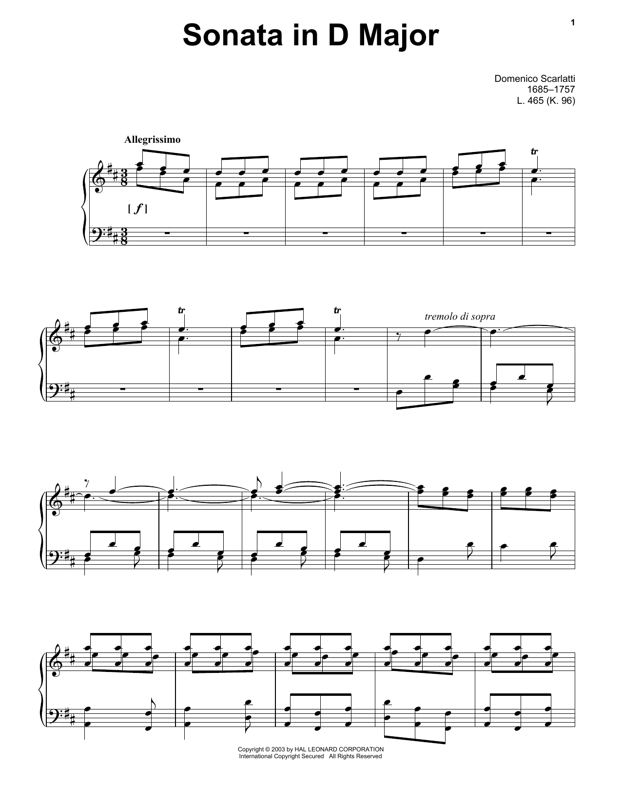 Product picture to: Sonata In D Major, K. 96