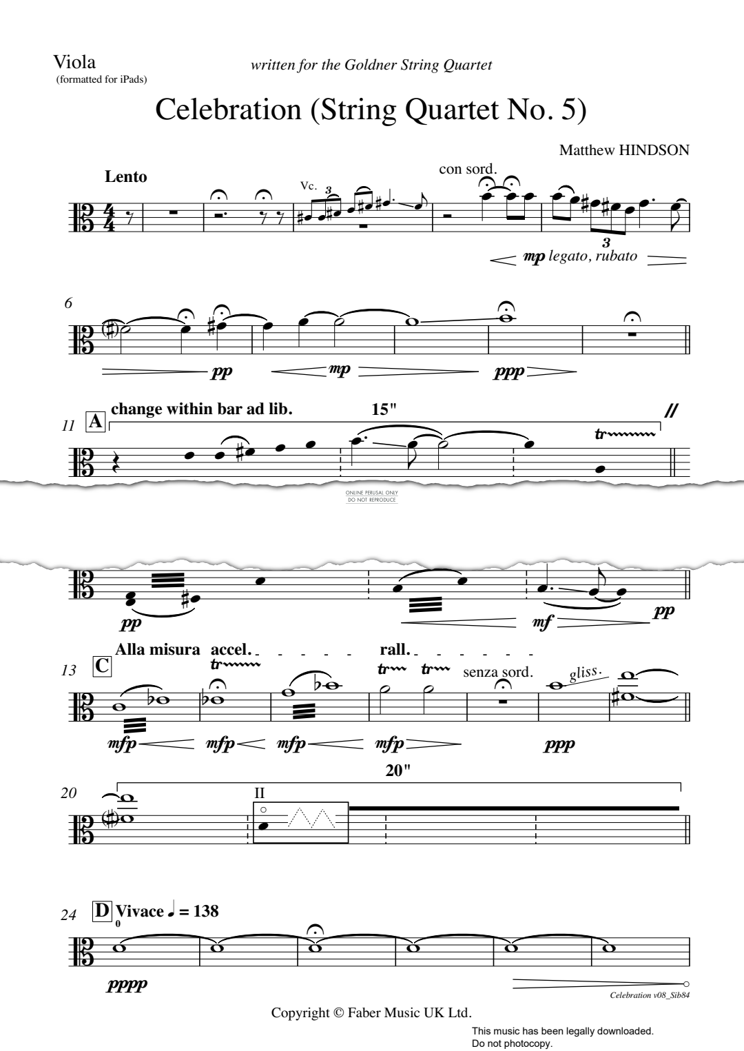 Produktgalerie: Seite 1 von 1 Celebration (String Quartet No 5), Matthew Hindson, Viola