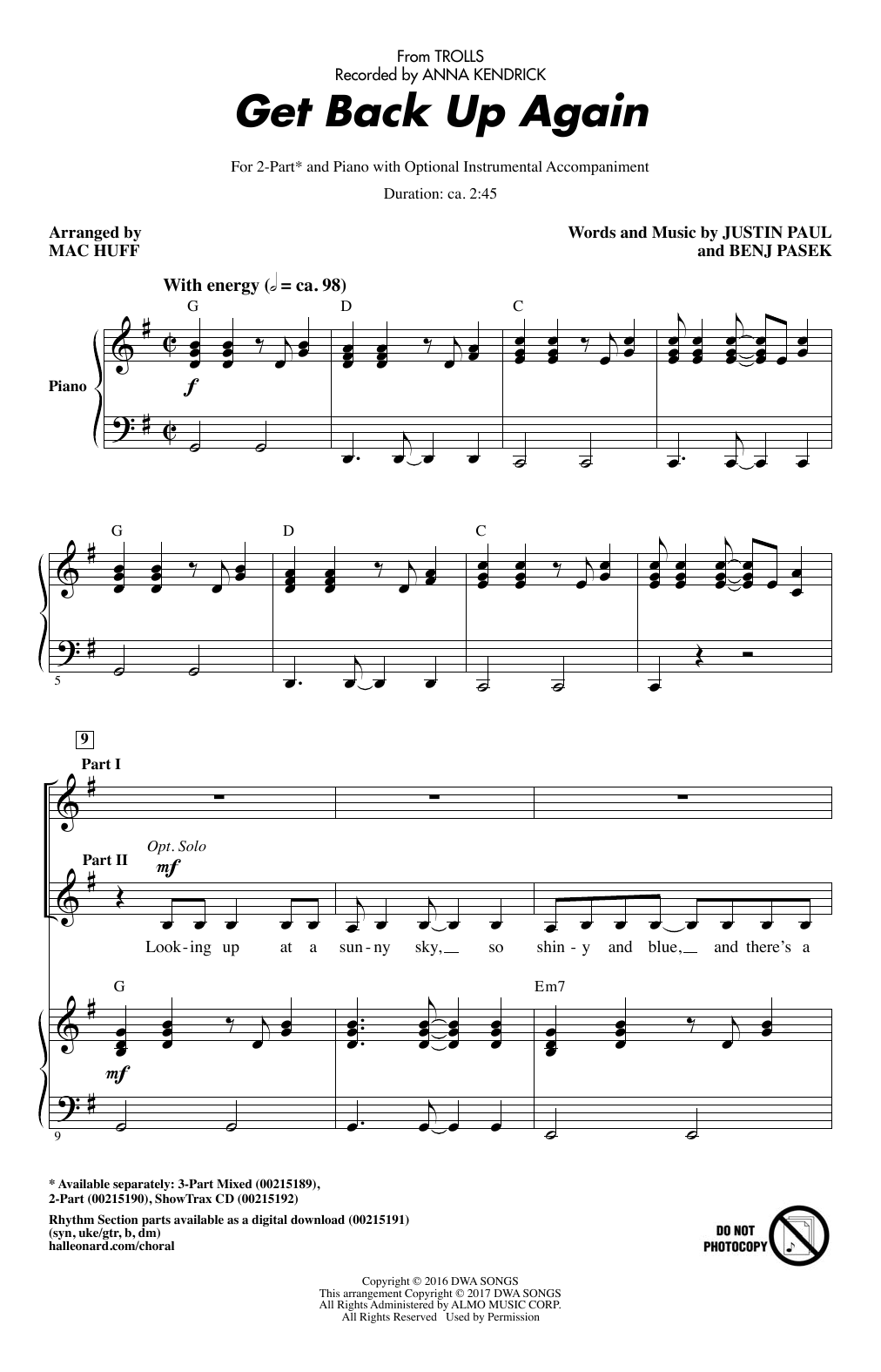 Product picture to: Get Back Up Again (from Trolls) (arr. Mac Huff)