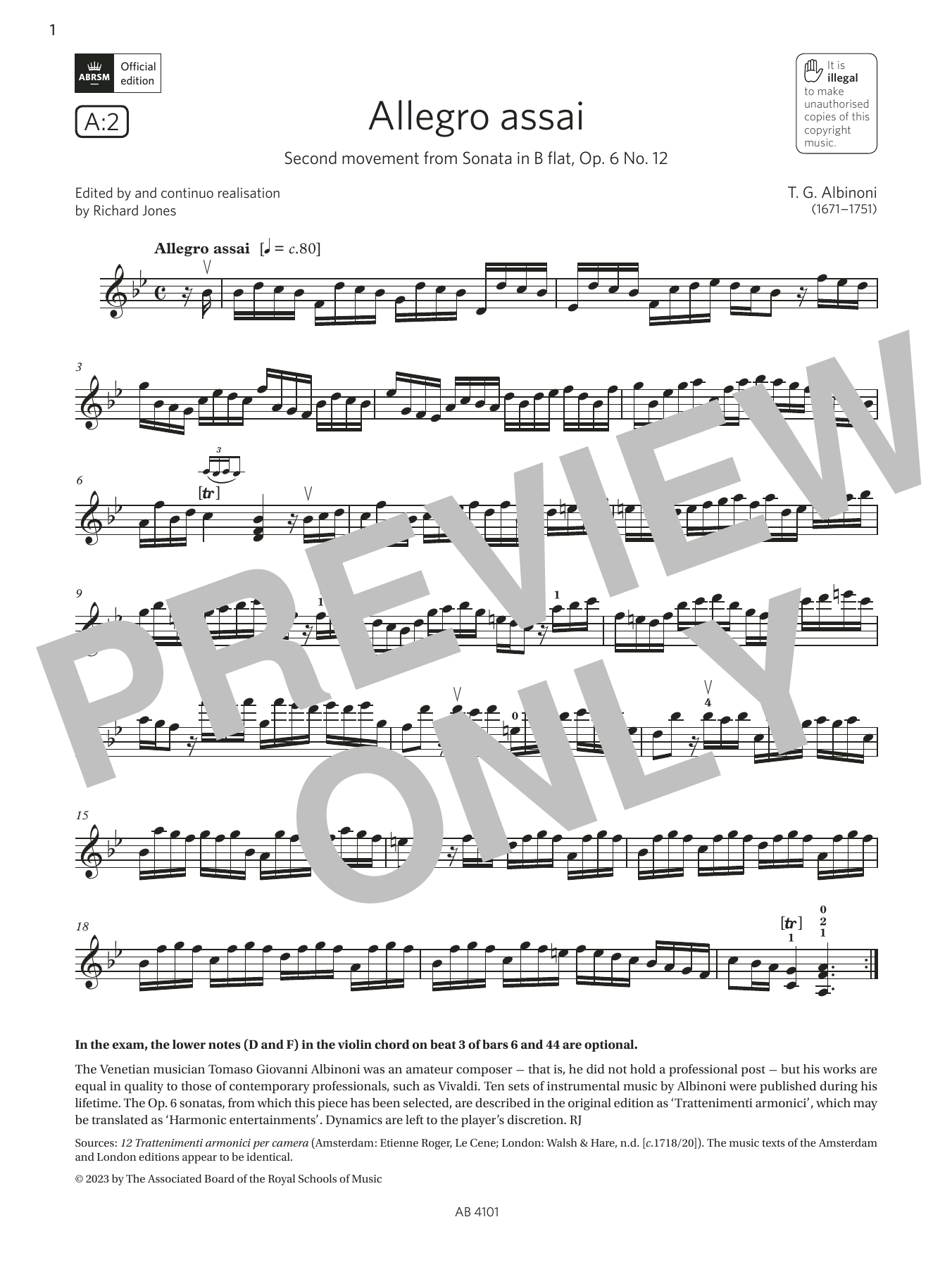 Product gallery: Page 1 of 1 Allegro assai (Grade 7, A2, from the ABRSM Violin Syllabus from 2024), T. G. Albinoni