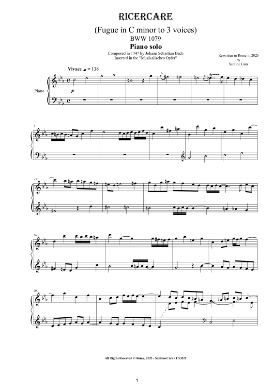 Produktbild zu: Ricercare - Fugue in C minor to 3 voices BWV 1079Johann Sebastian Bach