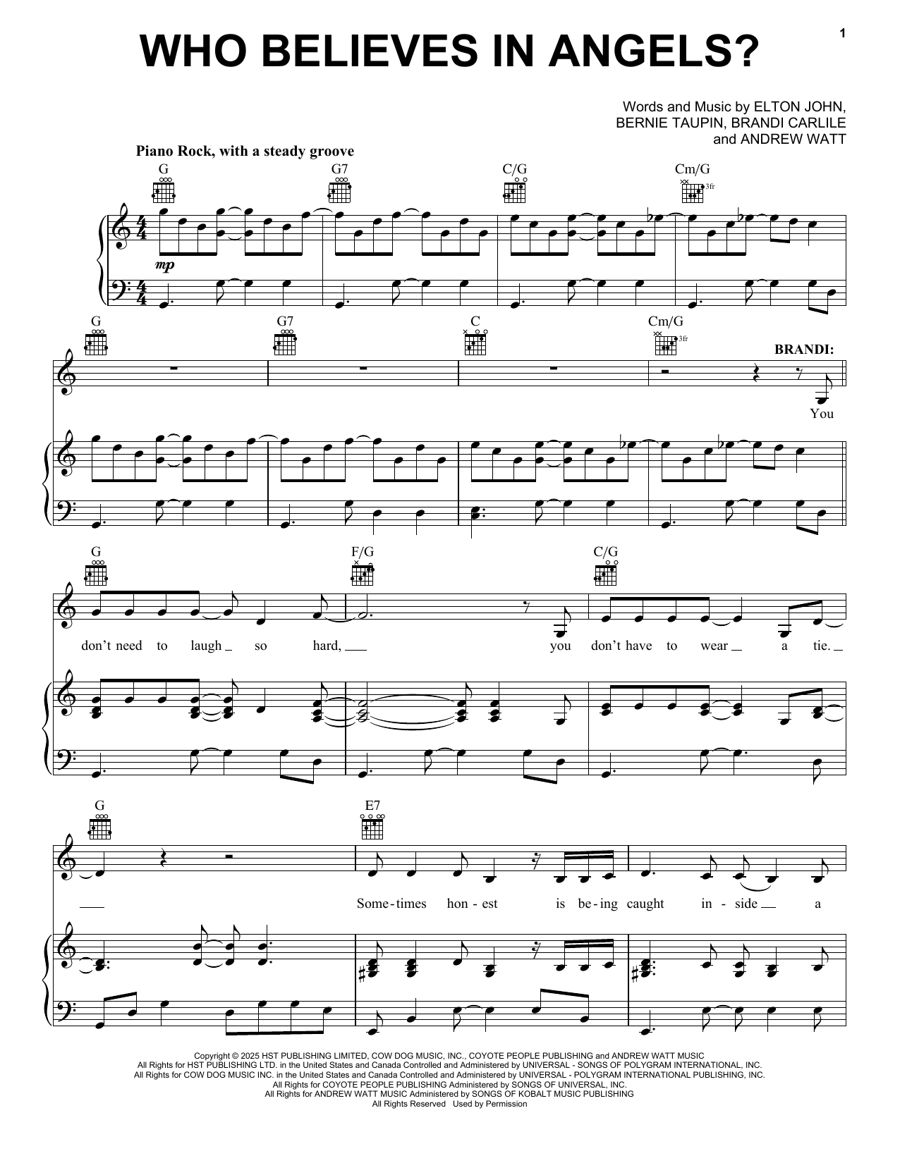Produktgalerie: Seite 1 von 1 Who Believes In Angels?, Elton John and Brandi Carlile, Gesang, Gitarre, Klavier