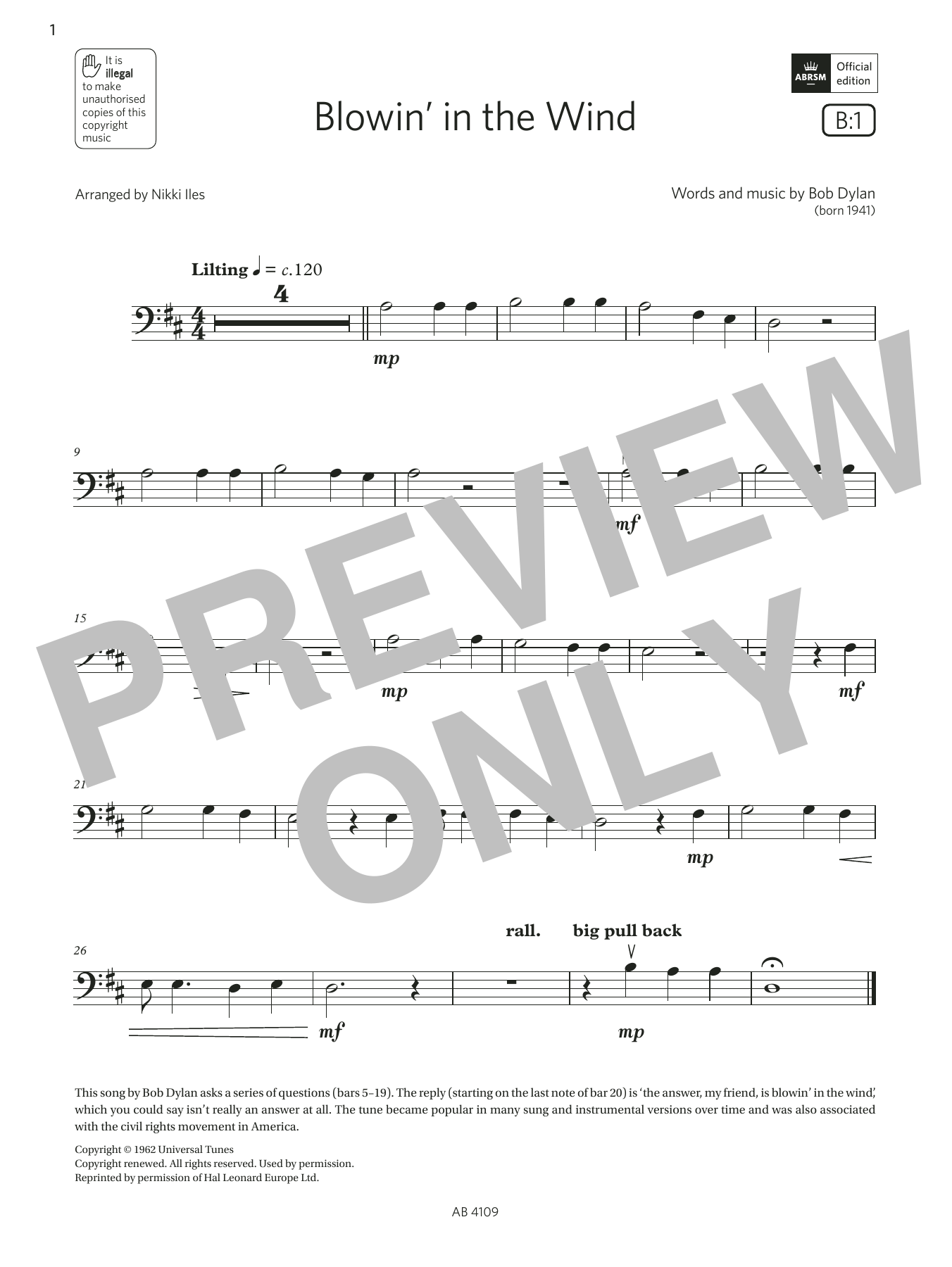 Produktbild zu:  Blowin' in the Wind (Grade Initial, B1, from the ABRSM Double Bass Syllabus from 2024) - Bob Dylan