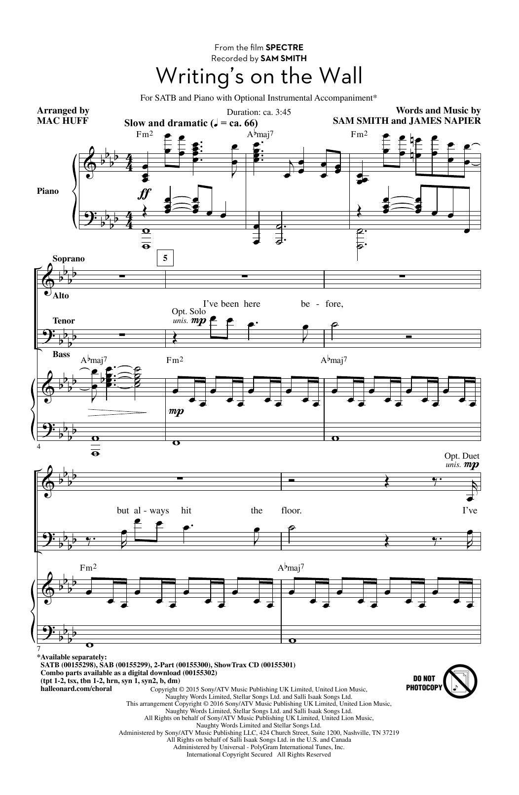 Produktgalerie: Seite 1 von 1 Writing's On The Wall (arr. Mac Huff), Sam Smith, Chor