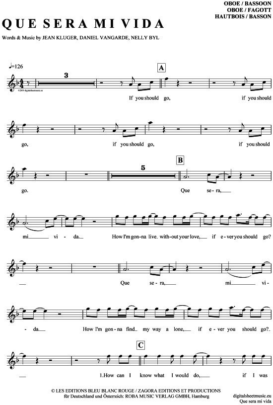 Produktgalerie: Seite 1 von 4 Que sera mi vida , Gibson Brothers, (Oboe / Fagott)