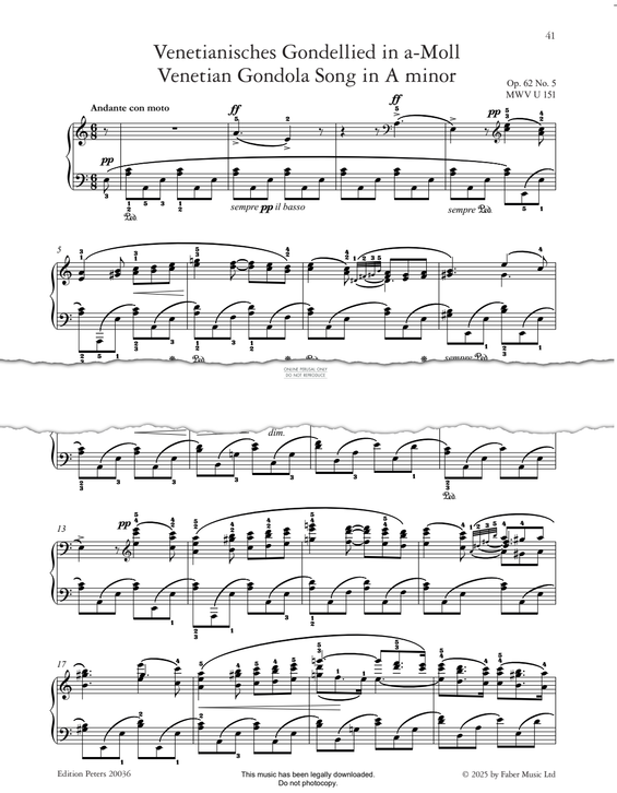 Produktgalerie: Seite 1 von 1 Venetian Gondola Song in A Minor Op.62, No.5, Felix Mendelssohn, Klavier