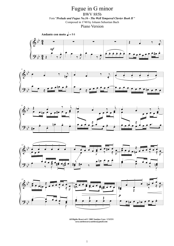 Produktbild zu: Fuge in G-Moll BWV 885b - Piano VersionJohann Sebastian Bach